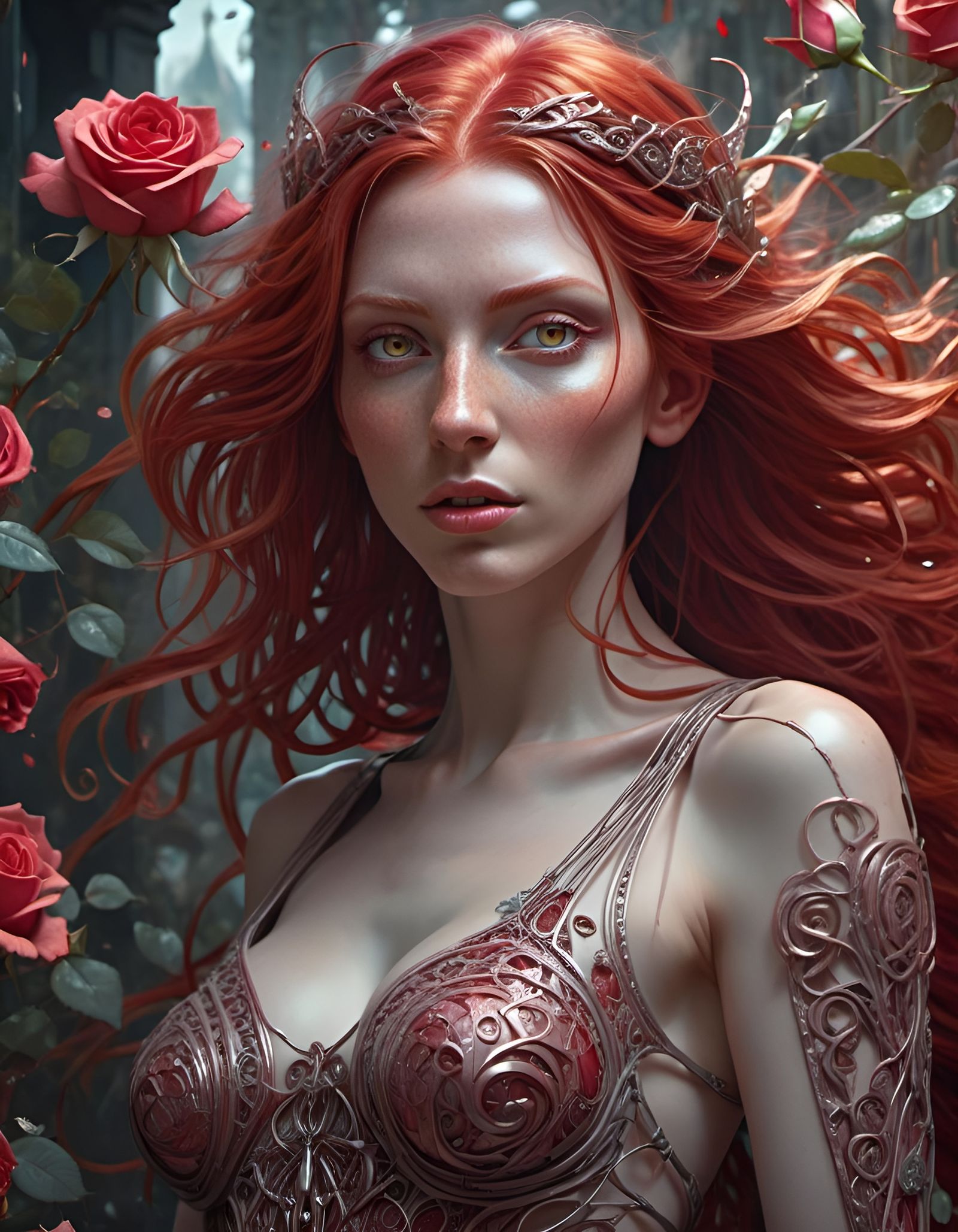 Crimson Goddess with Roses: Hyperdetailed Fantasy Art