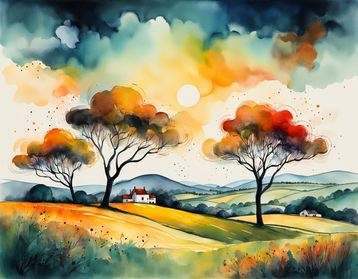 Colorful Landscape Painting with Rolling Hills