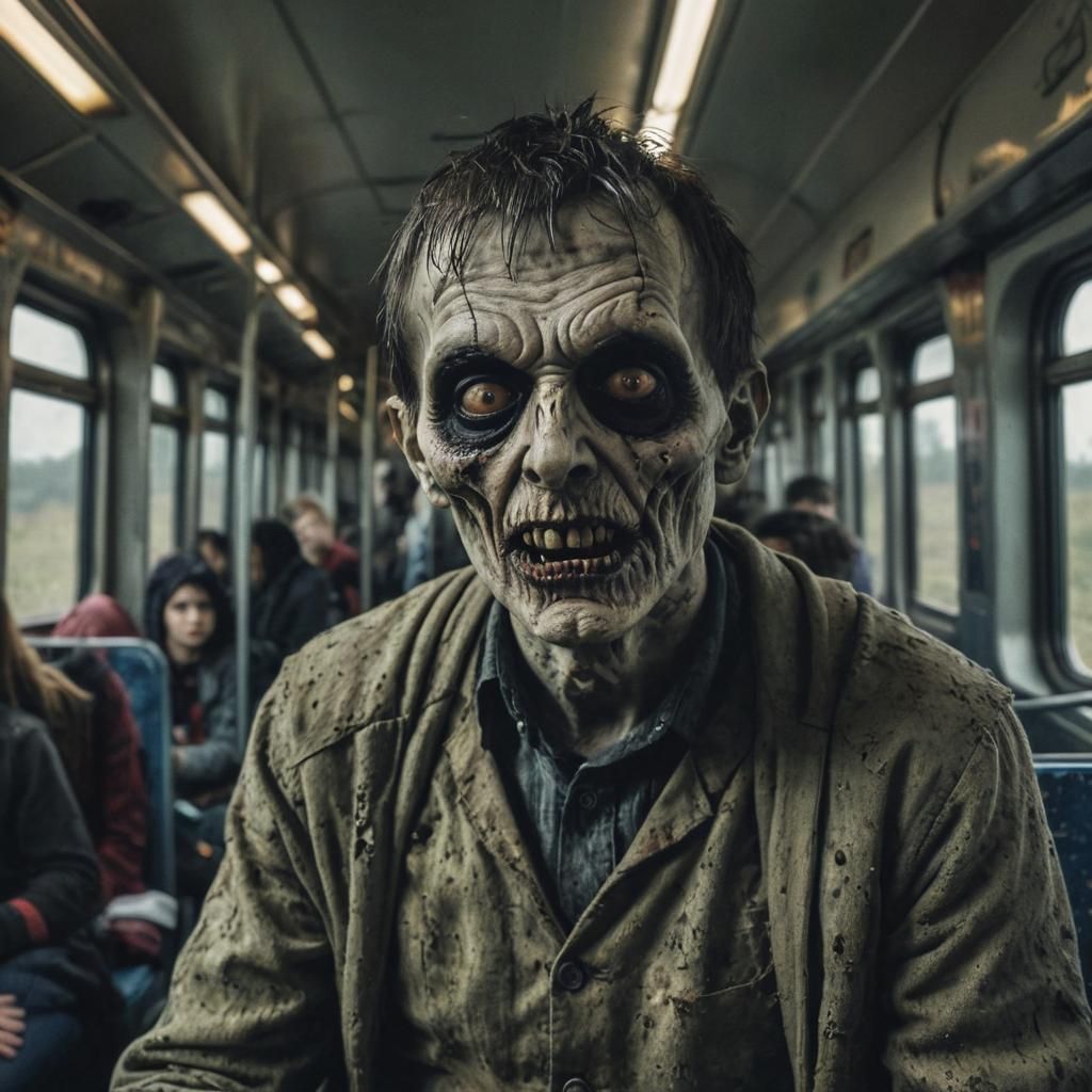 Disfigured Ghoul Portrait on Train in Comic Style