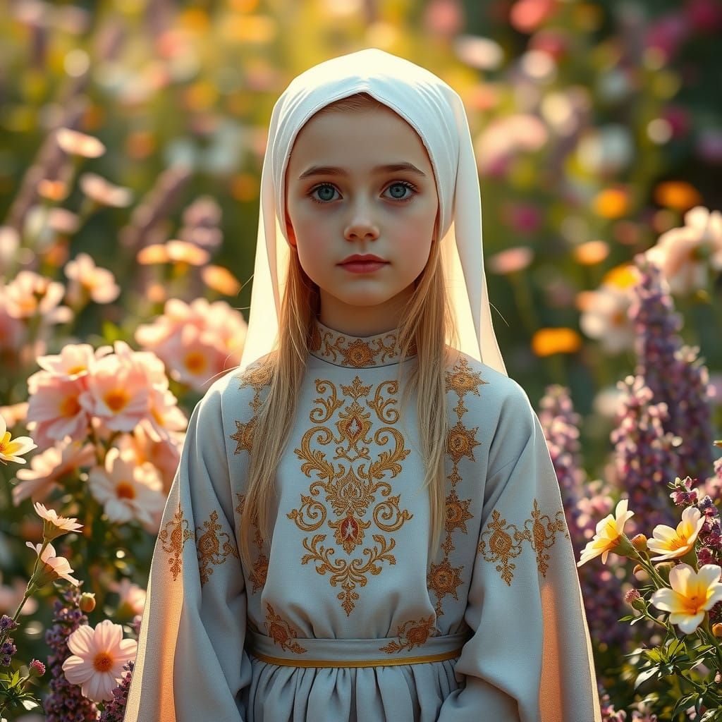 Serene Orthodox Nun in Vibrant Garden with Golden Embroidery