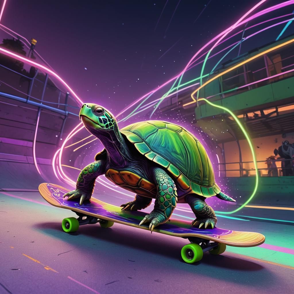Turtle Shreds on Neon Skateboard in Digital Art