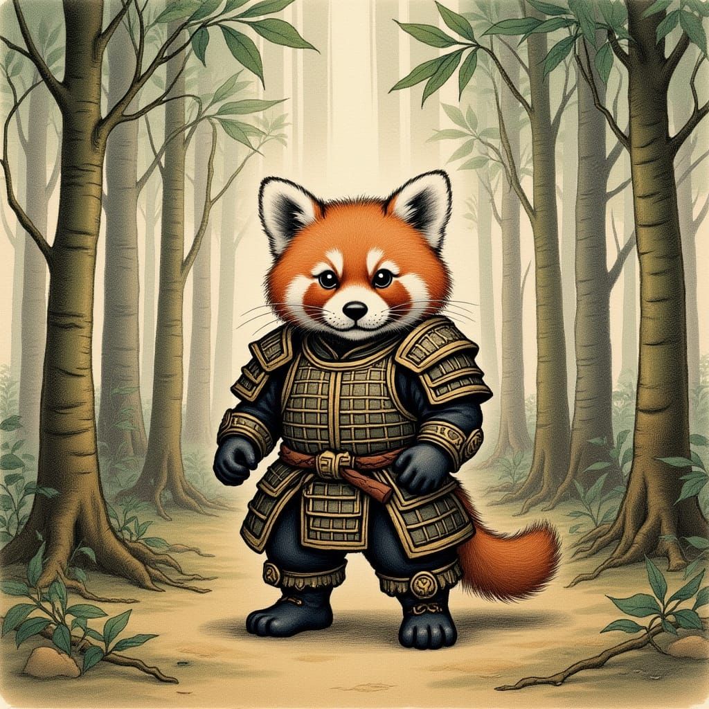 Red Panda Samurai in Bamboo Forest, Ink on Silk Style