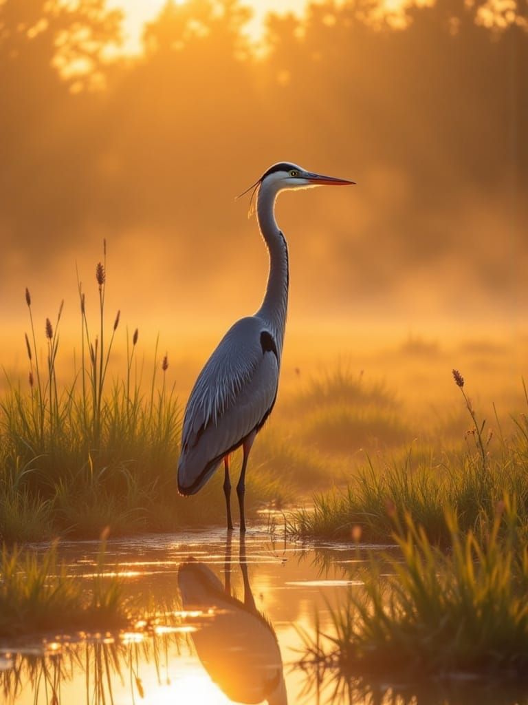 Serene Wetland Scene with Great Blue Heron in Golden Hour