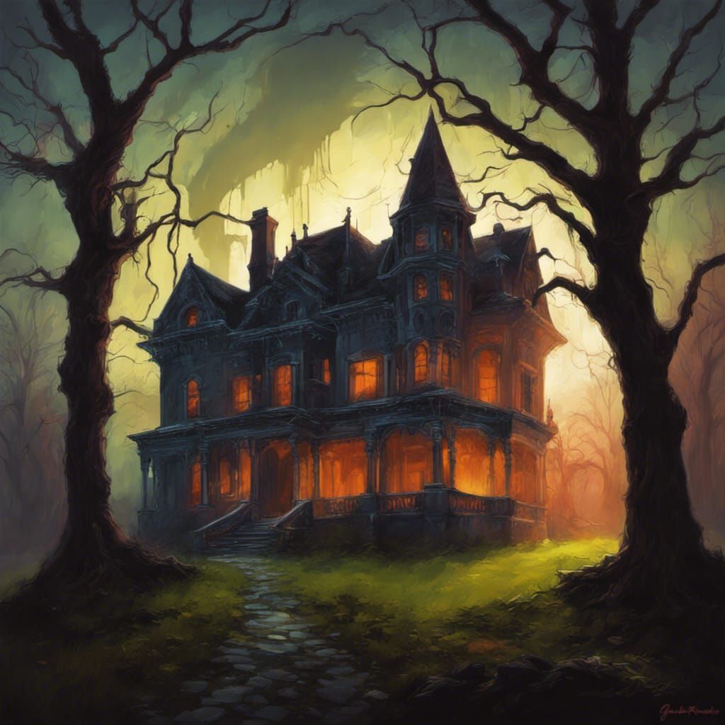 Large haunted manor house in neon glow with spirits on the grounds sinister