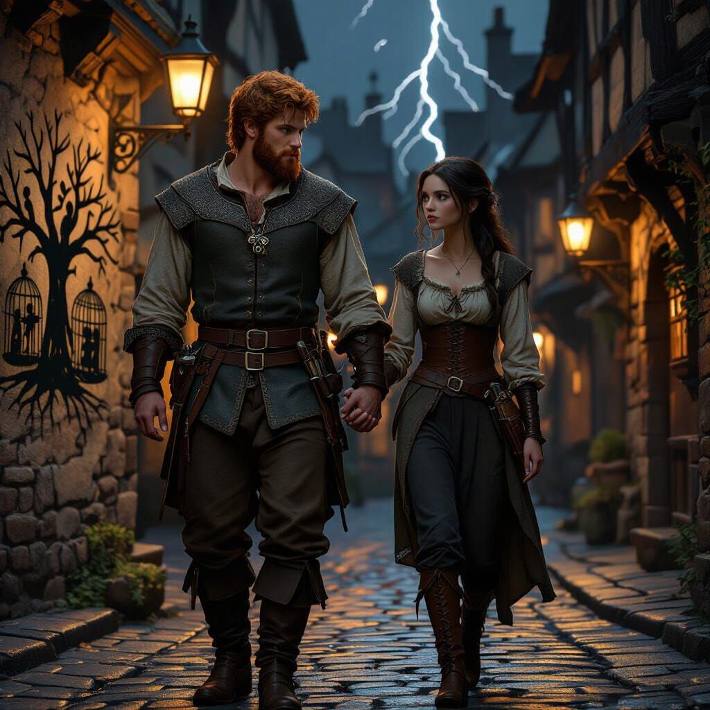 Medieval Street Scene with Couple in Hyperrealistic Style