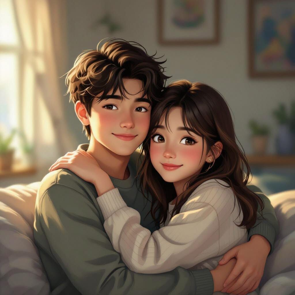 Friends Embrace in Soft Evening Light, Nostalgic Digital Art