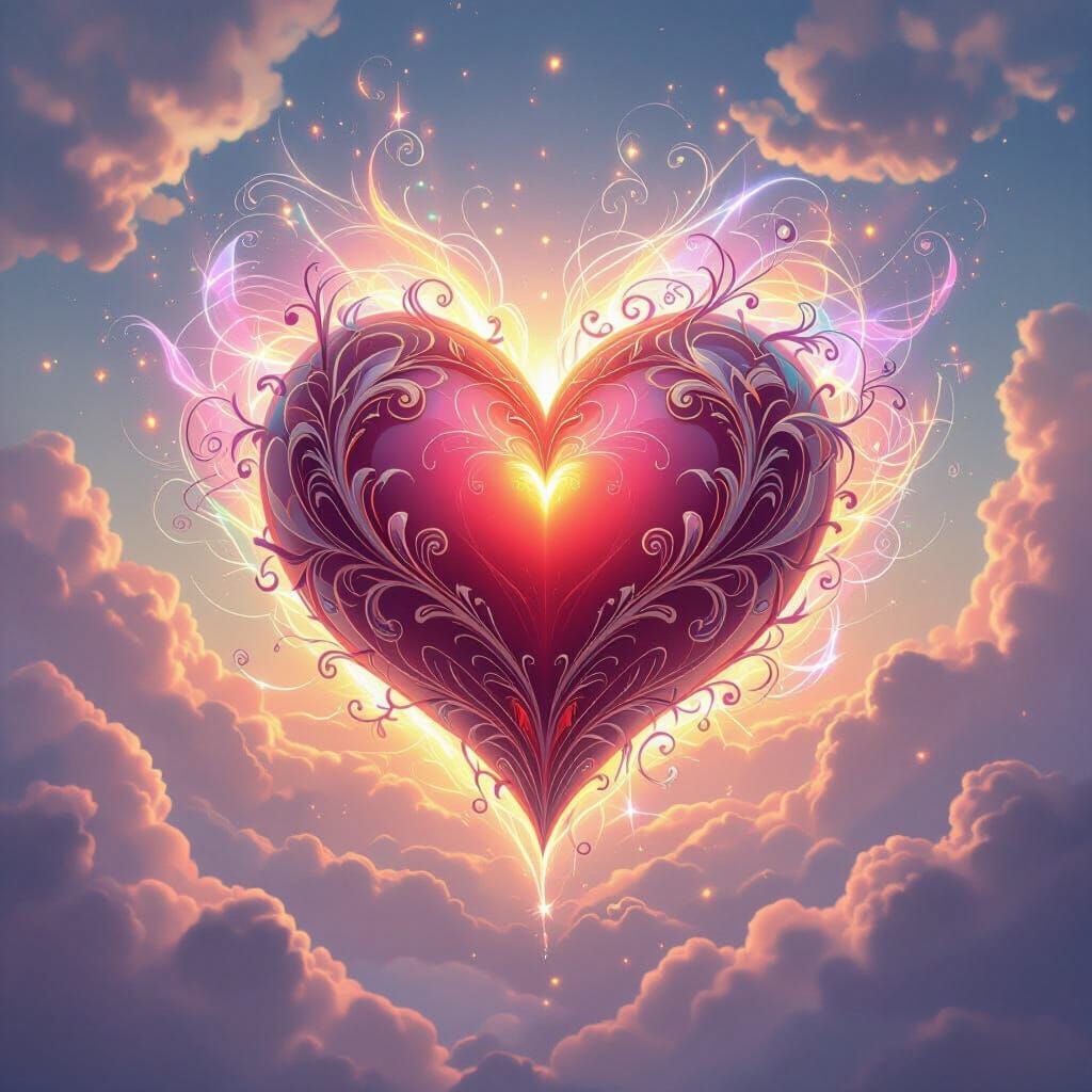 Ethereal Heart with Shimmering Light and Dreamy Clouds