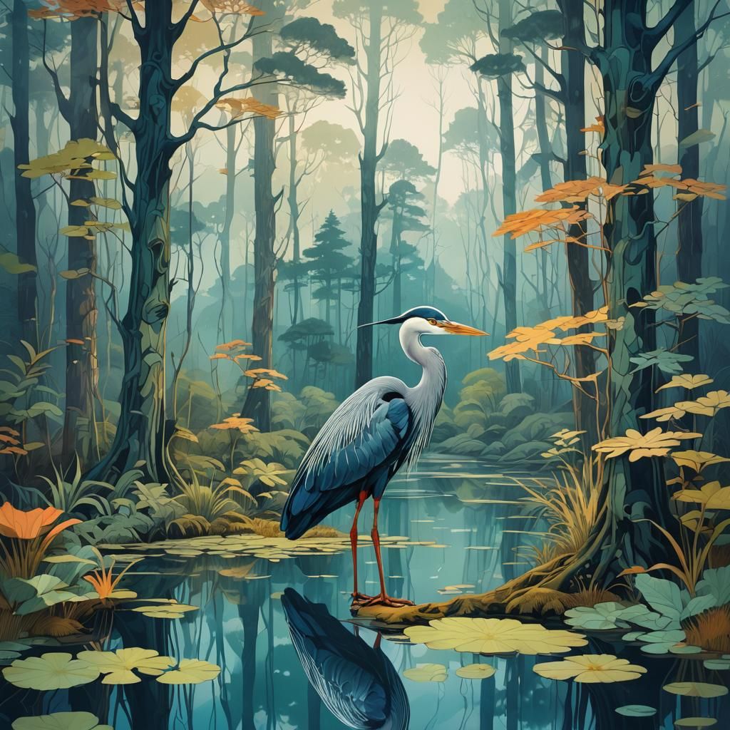 Heron Double Exposure with Forest Lake in Gouache