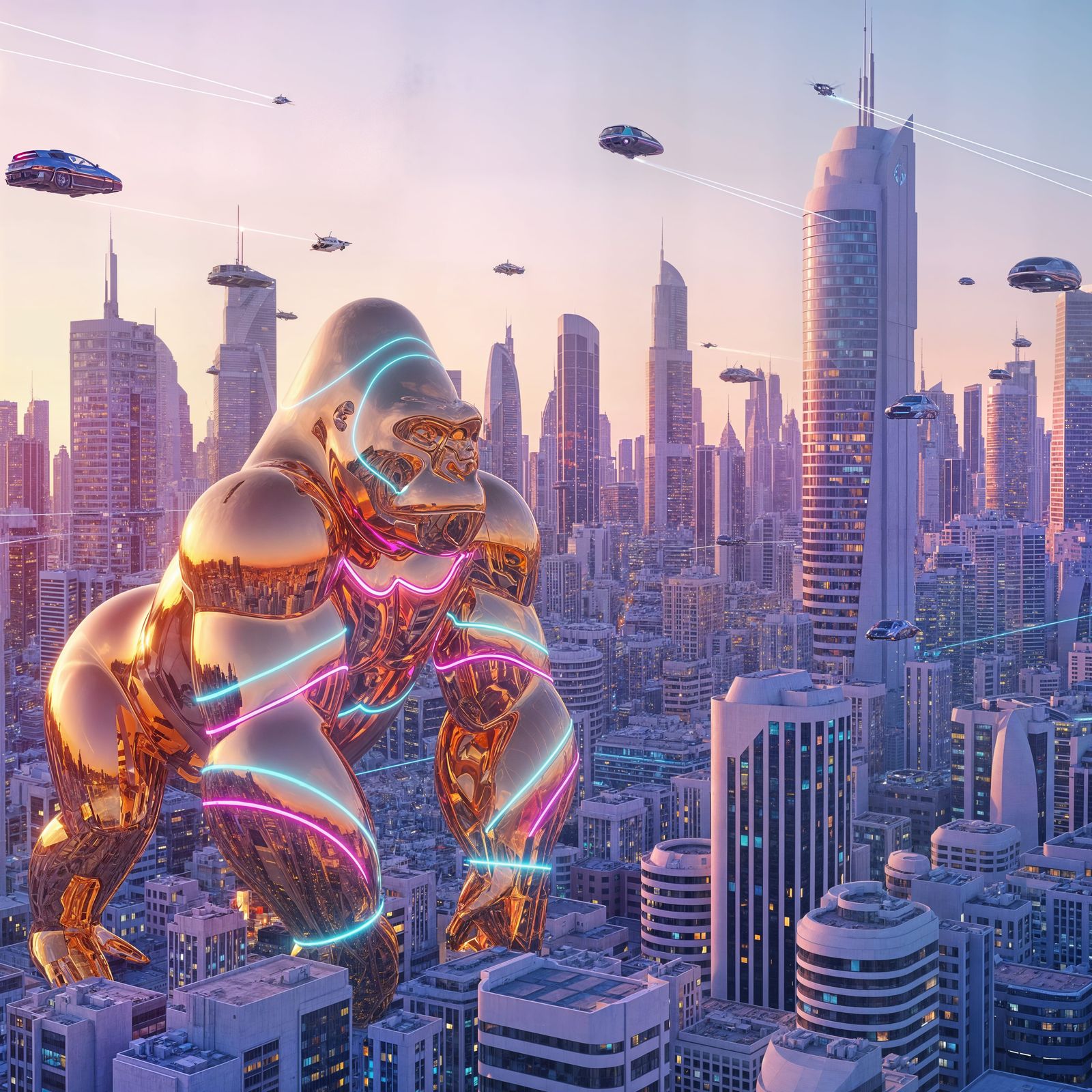 Golden Gorilla in Retro-Futuristic Cityscape