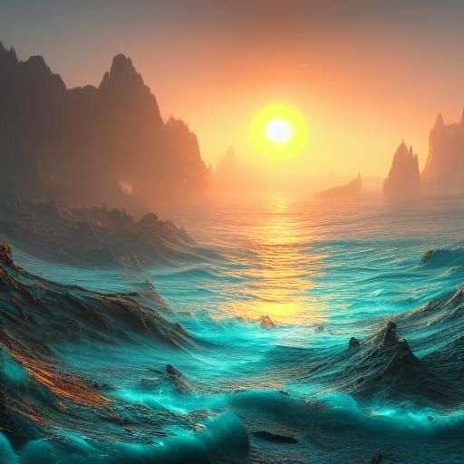 Fantastical Ocean Sunrise in Detailed Matte Painting