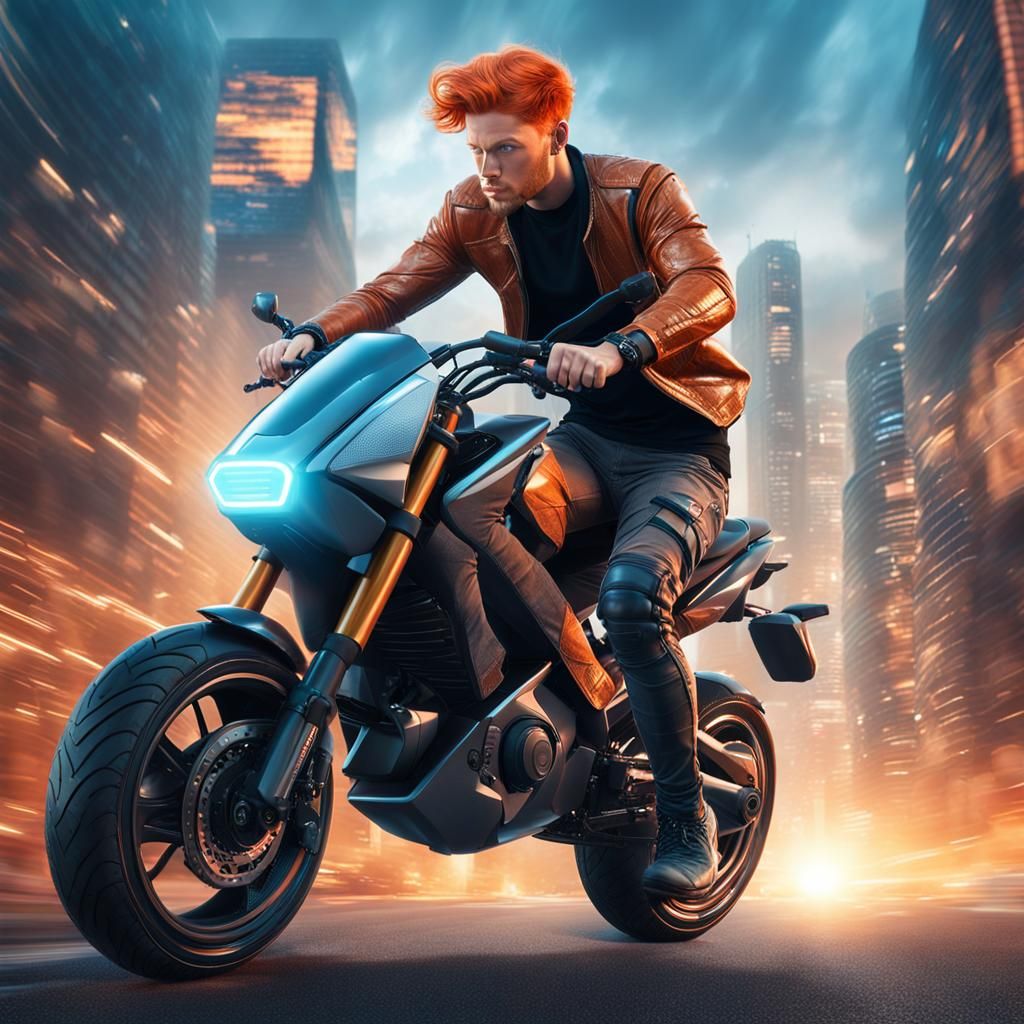 Ginger Motorbike Rider in Cyberpunk City