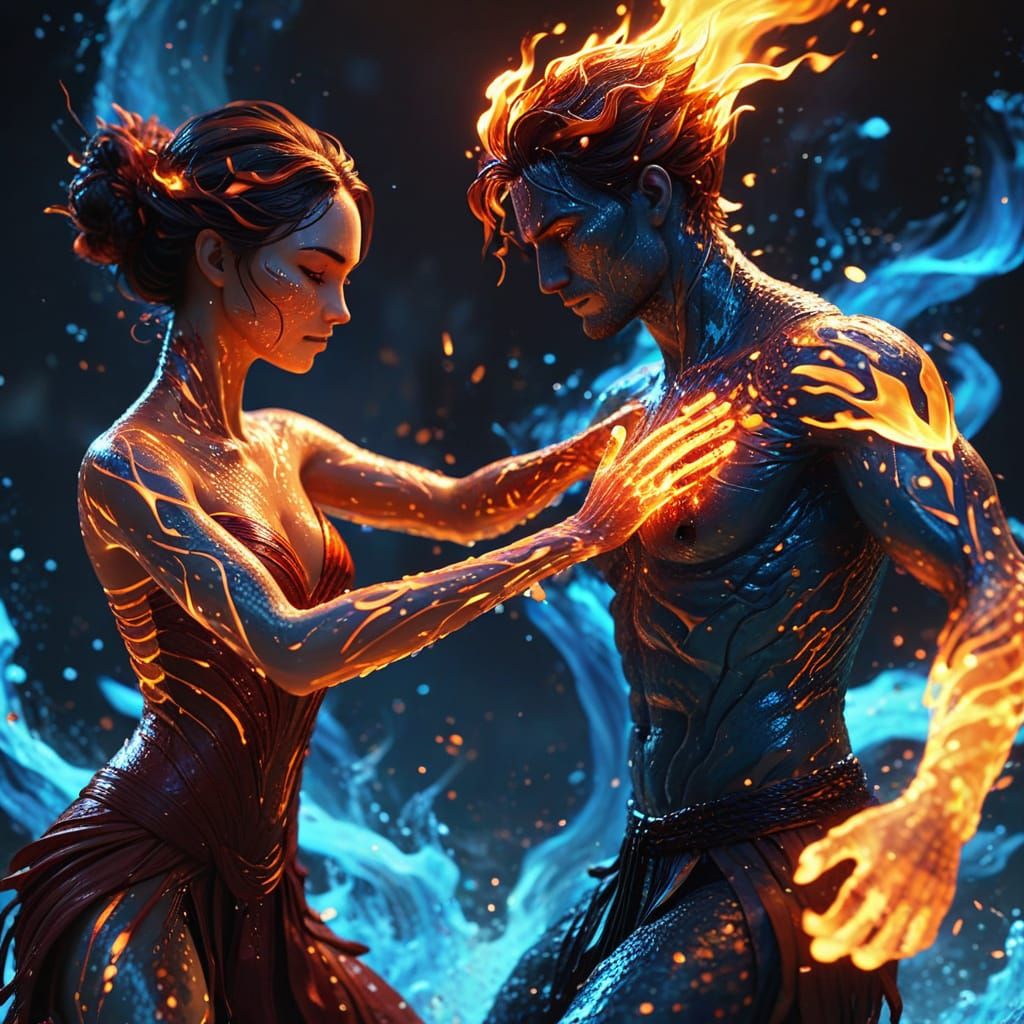 Fire and Water Avatars Dance Tango in Vibrant Digital Art