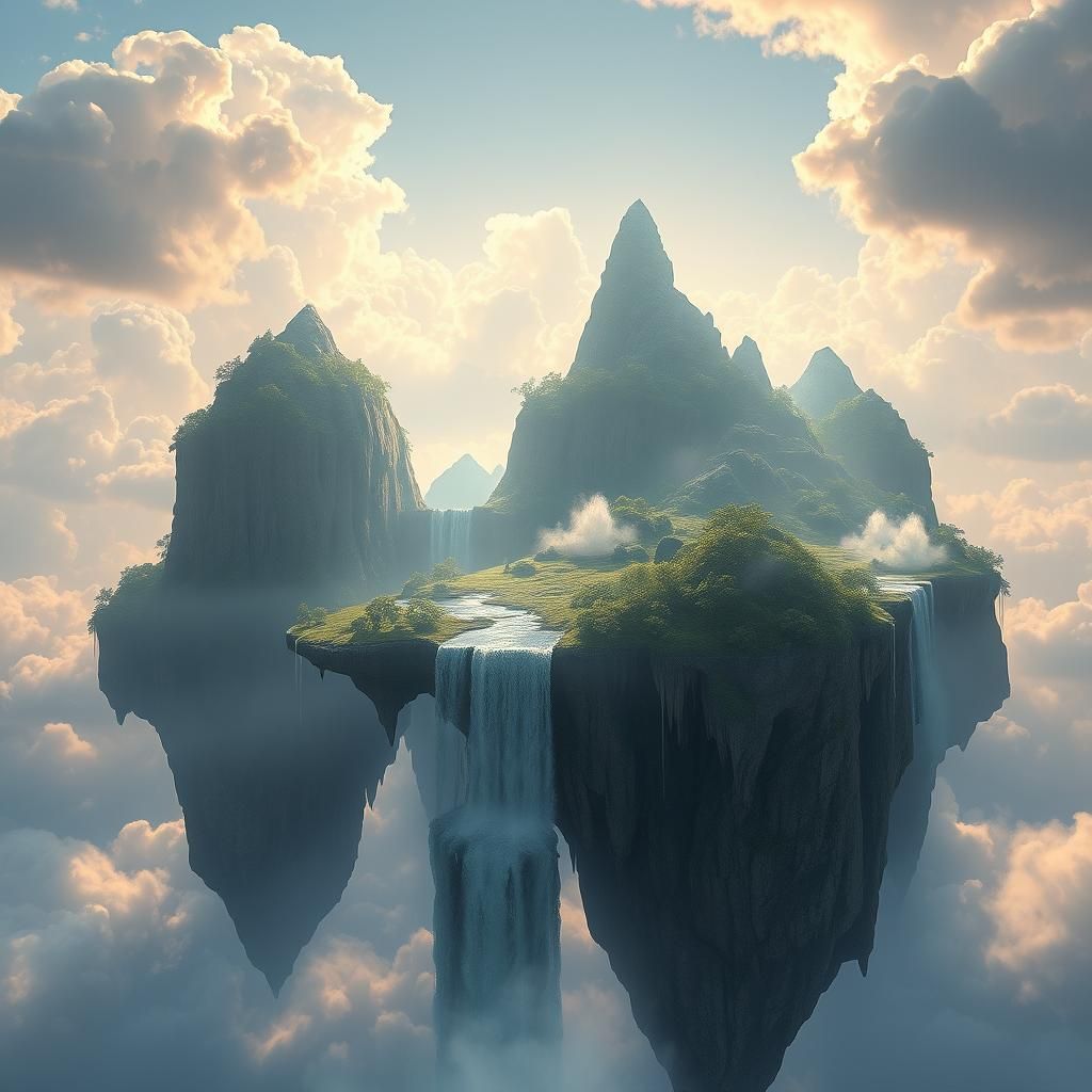 Ethereal Floating Sky Islands with Ascending Waterfalls