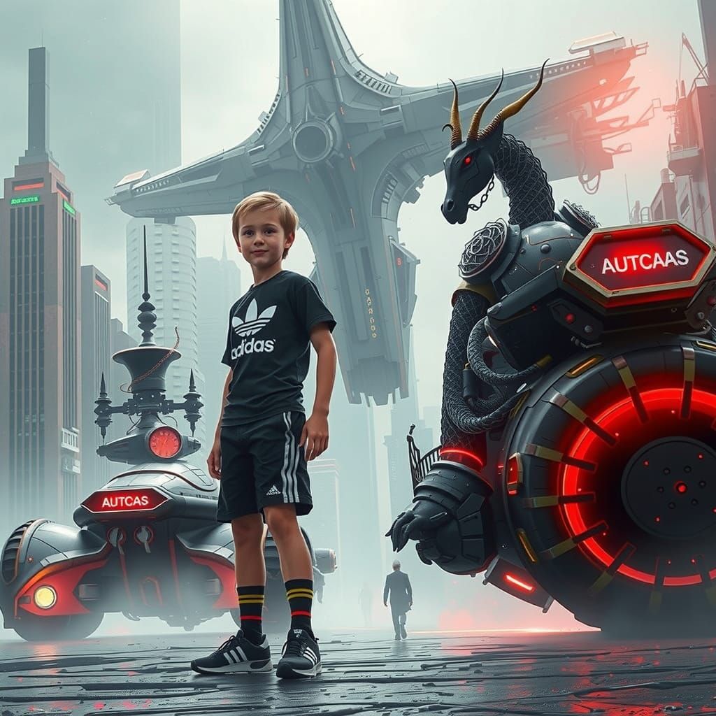 Cyberpunk Supersoldier and Boy in Dystopian City