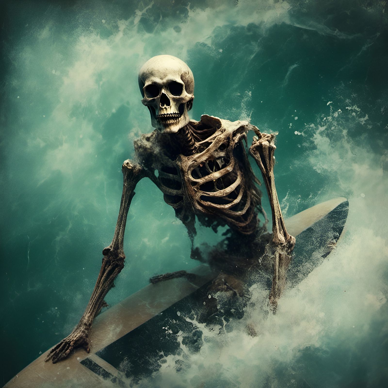 Surfing Skeleton Portrait in Macabre Style