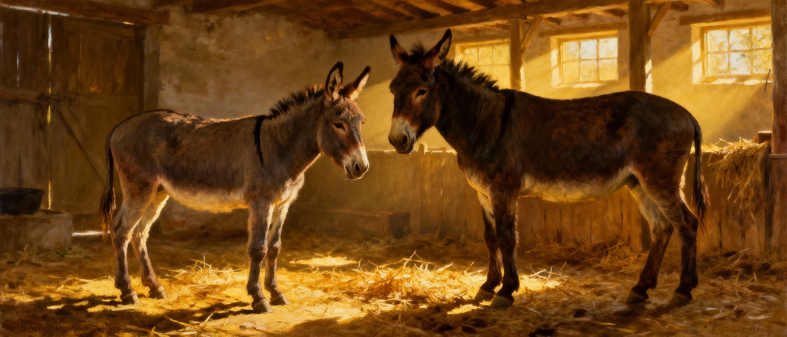 Realistic Oil Painting of Donkey and Mule in Stable