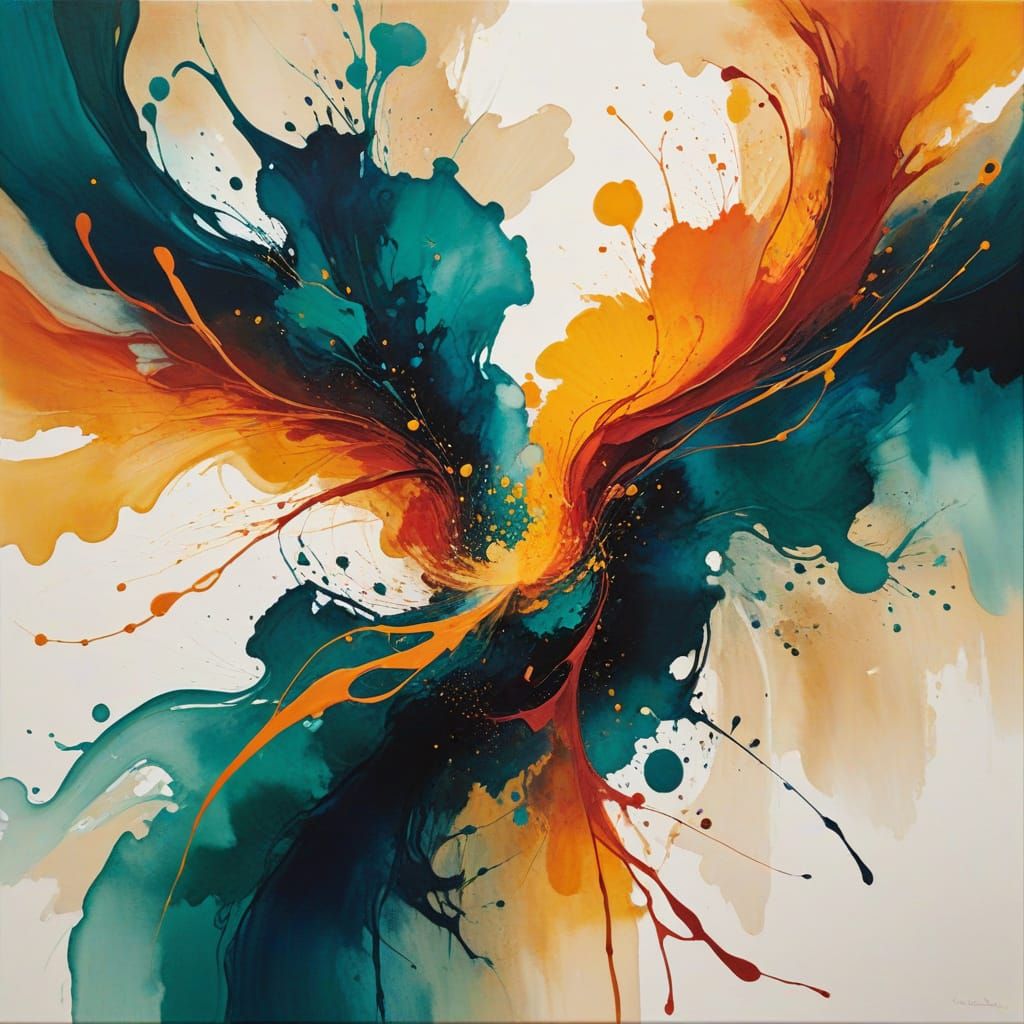 Golden Amber and Deep Teal Abstract Painting with Elegant Wa...