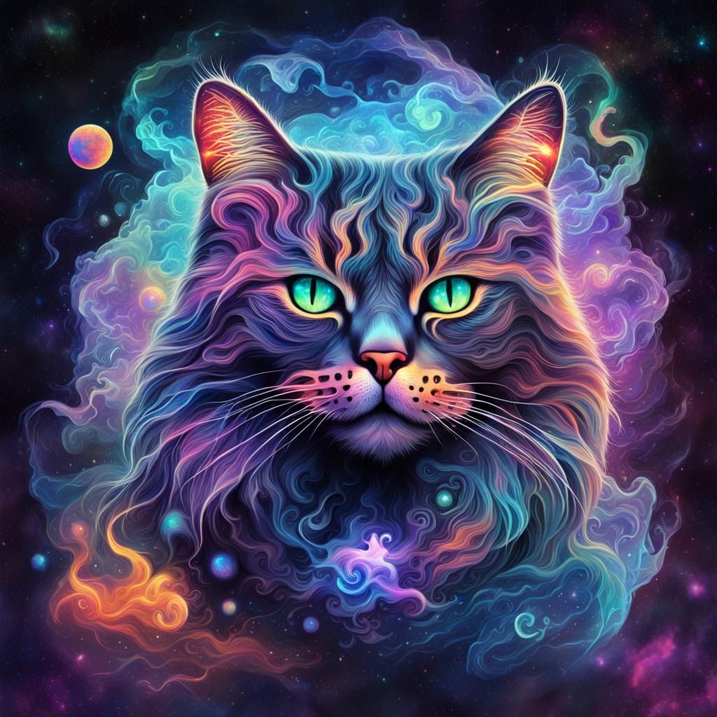 Holographic Smoke Cat in Astral Cosmic Illustration