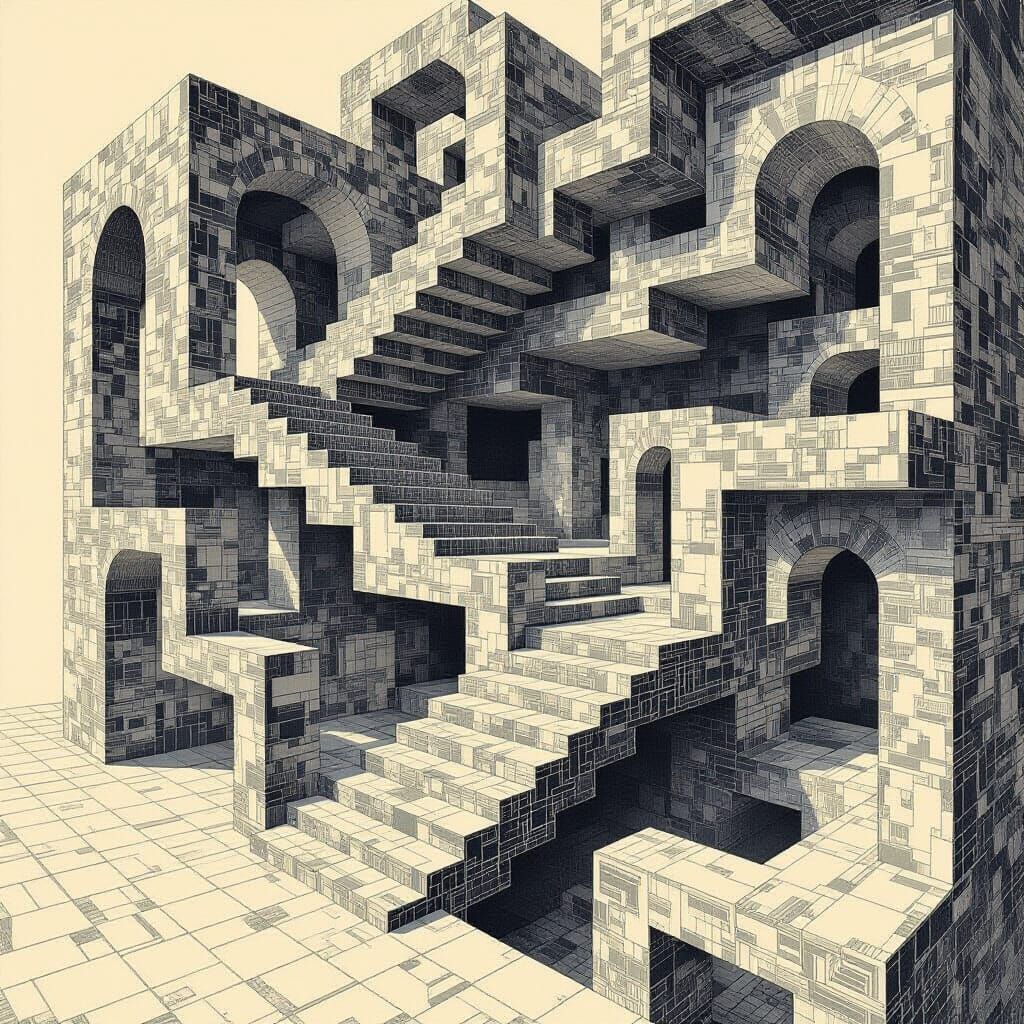 Impossible Staircase Maze in Surrealist Style