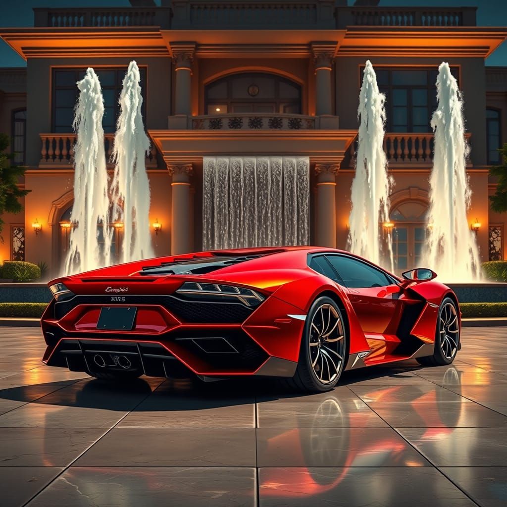Red Lamborghini at Mansion, Photorealistic Digital Art