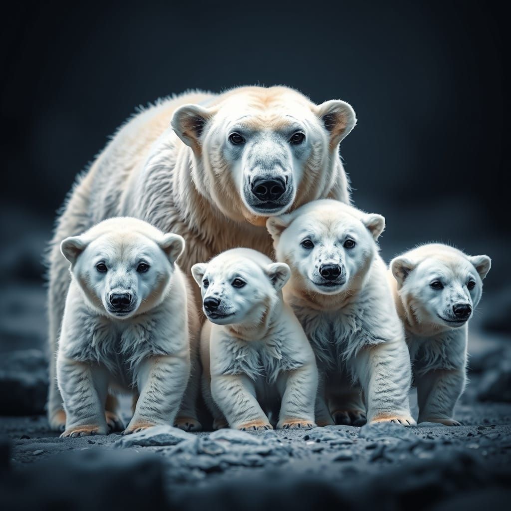 Hyperrealistic Polar Bear Family in Arctic Landscape