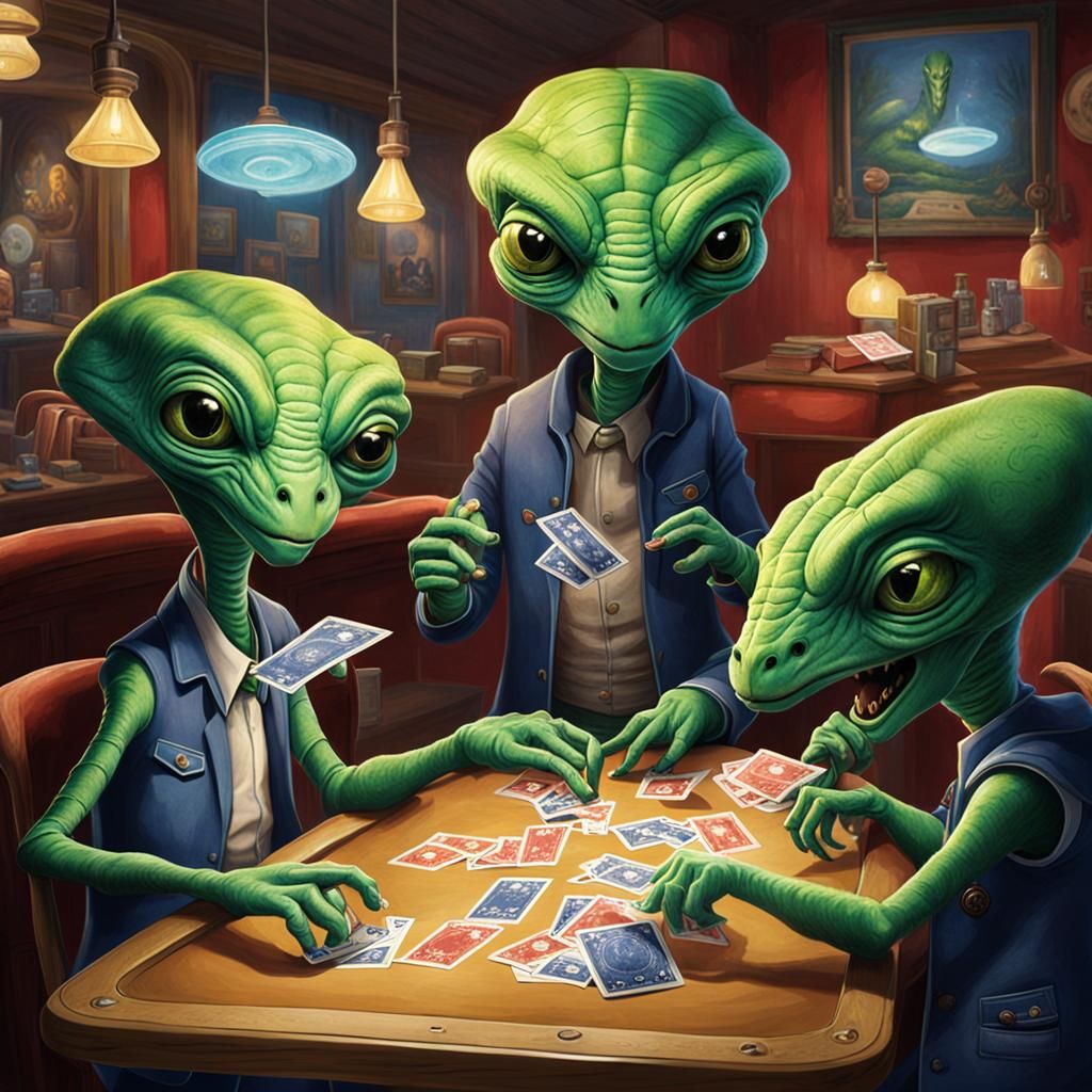 Alien Chameleons Play Cards in a Pub