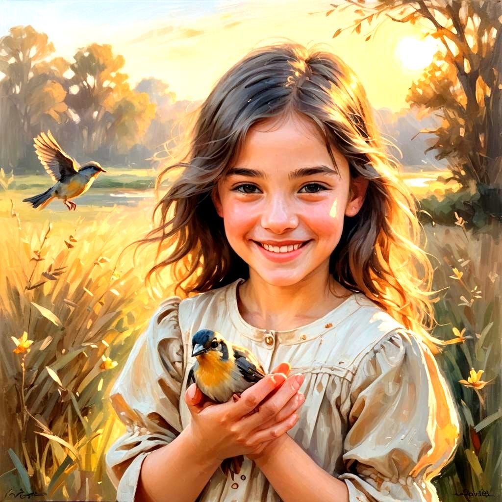 Girl Holds Tiny Bird: Oil Painting