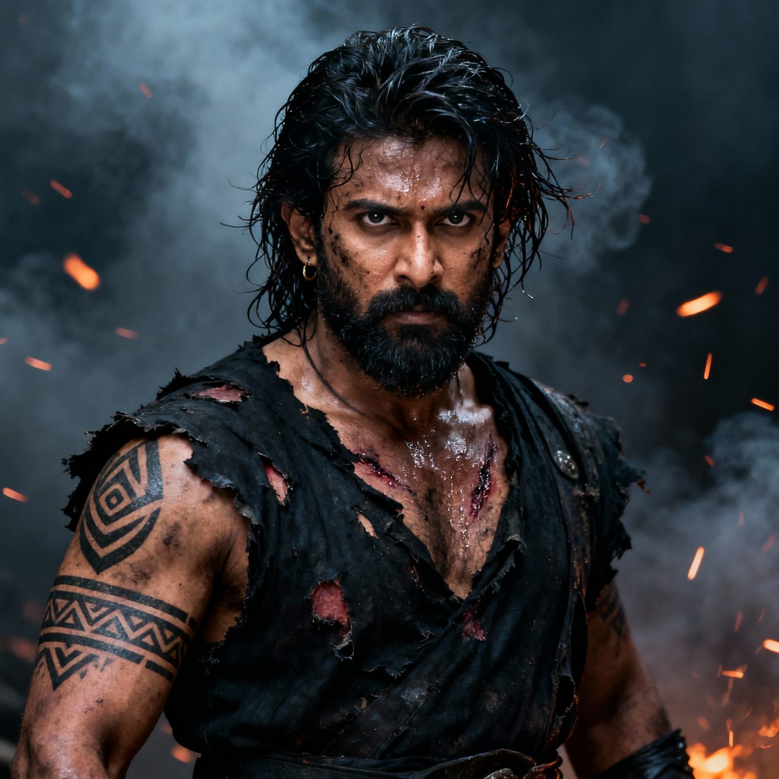 Fierce Warrior Portrait with Intense Eyes and Tribal Tattoos