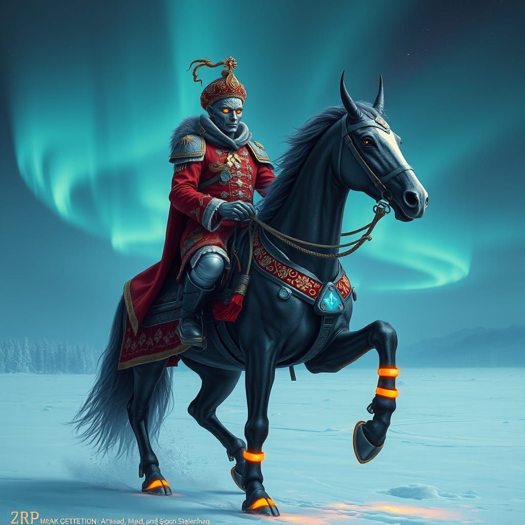 Cyberpunk Cossack Rides Through Snowy Russian Landscape