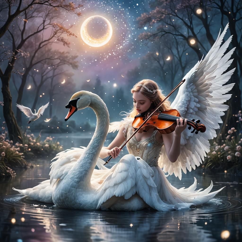 Magical Swan Violinist in Dreamy Pastel Fantasy