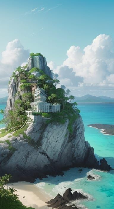 Tropical Tree Sentinel on Sandy Island in Azure Skies