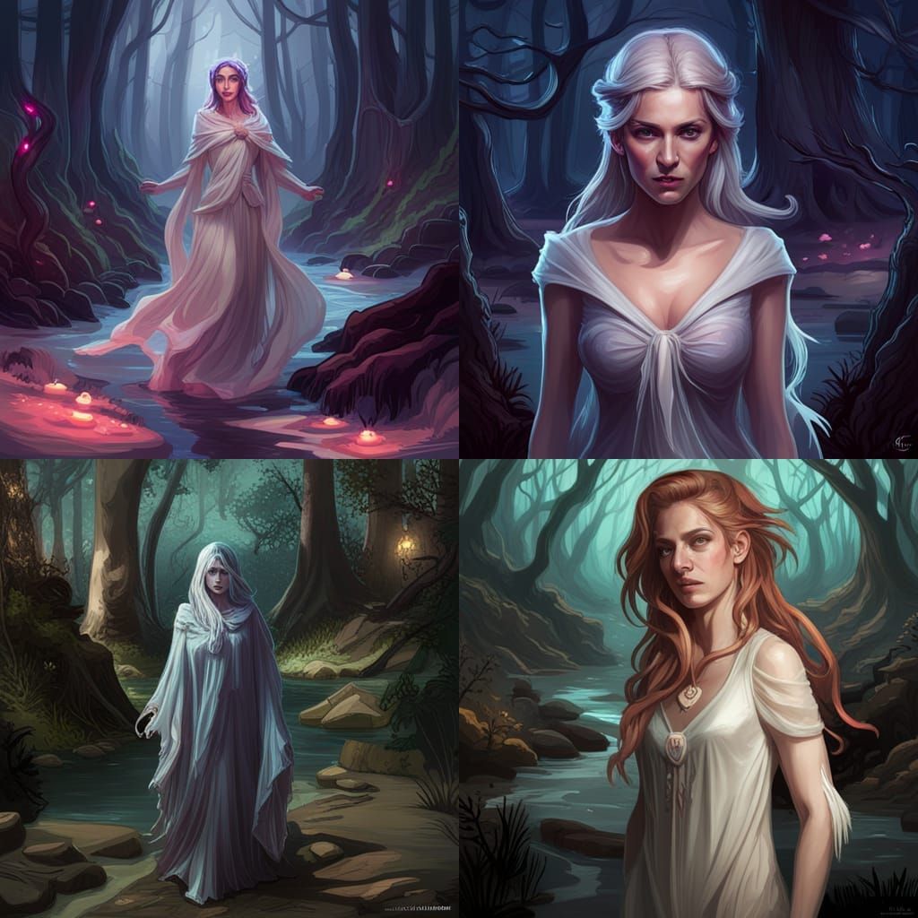 Ethereal Ghost Lady in Forest Creek, Hyperdetailed Art