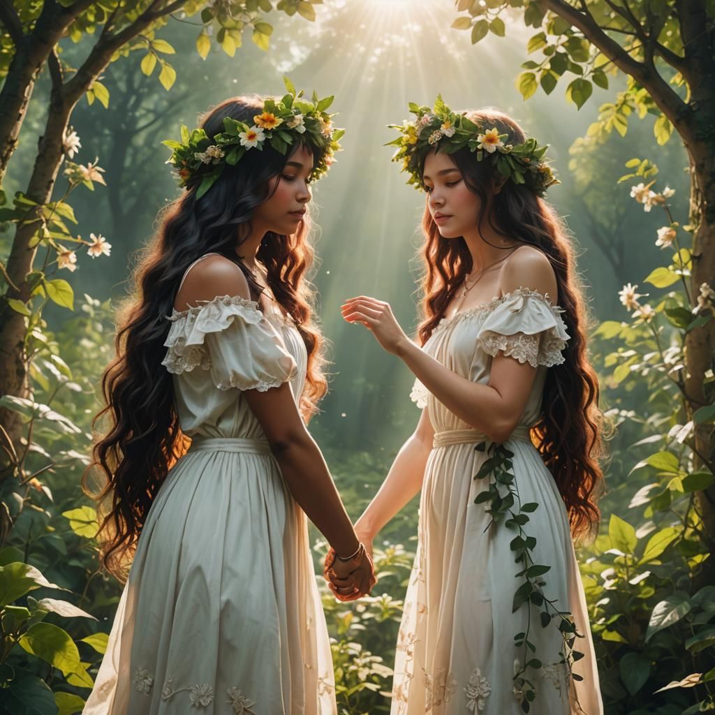 Lilith and Eve standing together, holding hands. Both have flower crowns on their heads. their private parts covered wit...