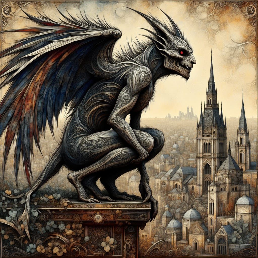 Wicked Gargoyle Overlooks Baroque Cityscape from Clock Tower