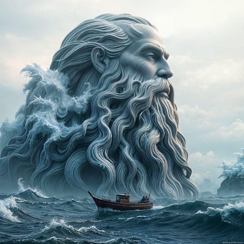 Giant's Head Rises from Ocean: Dreamlike Landscape
