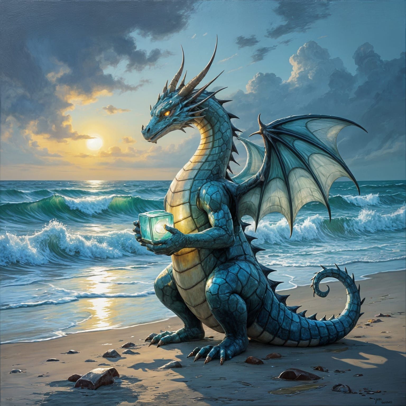 Expressionist Dragon on Windswept Beach at Dusk