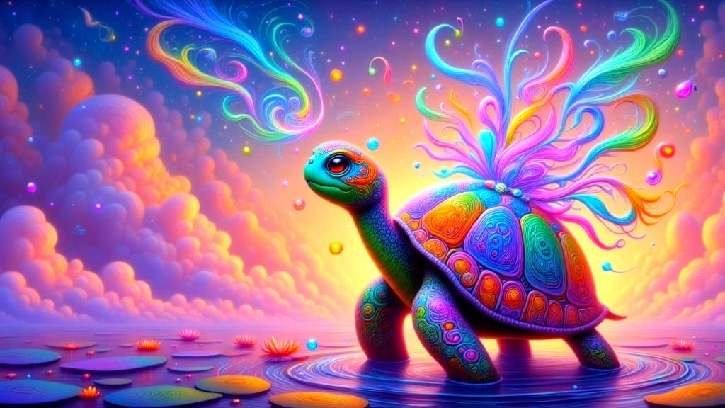 Whimsical Turtle Singing in Psychedelic Fantasy Forest