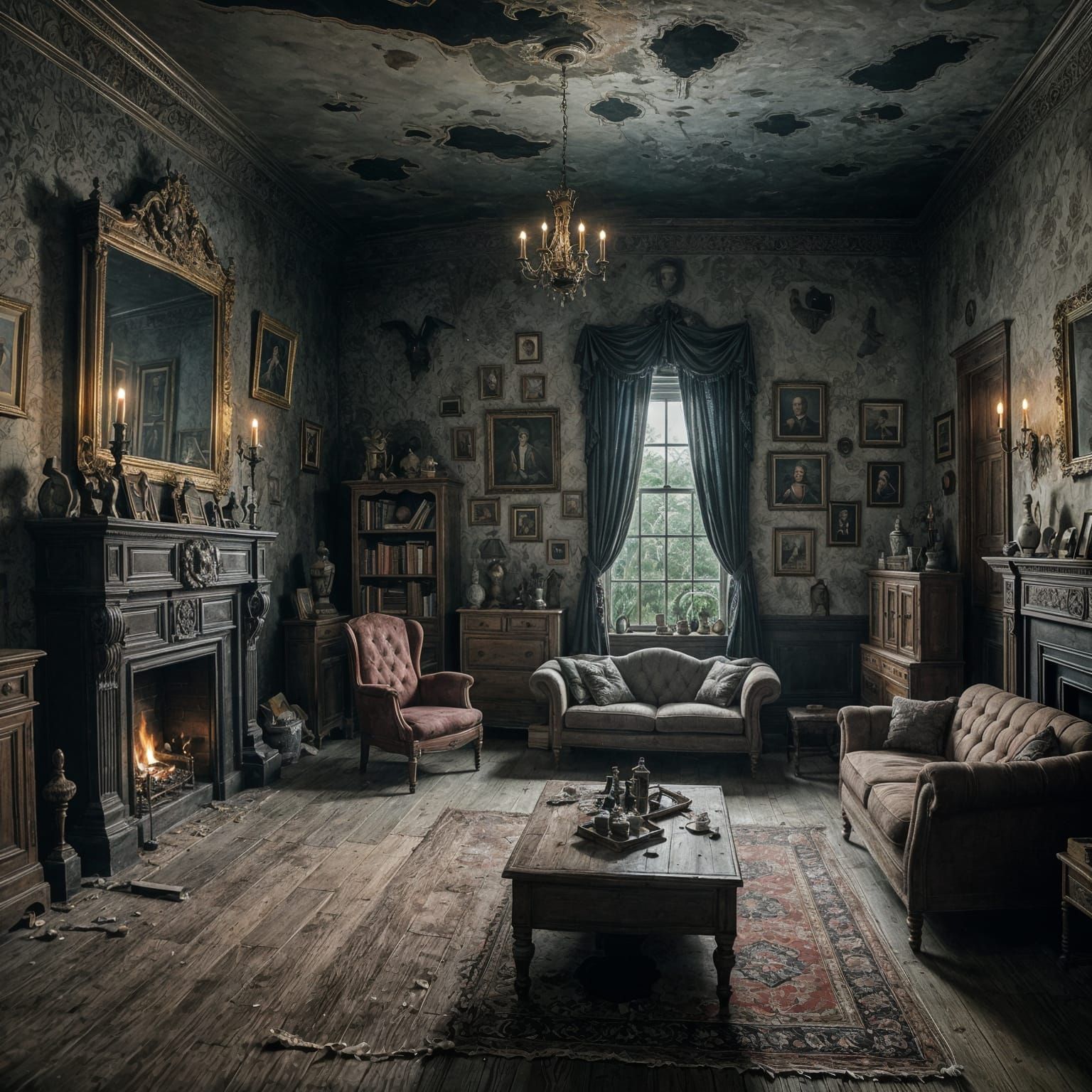 Hyperrealistic Haunted Living Room with Ghosts