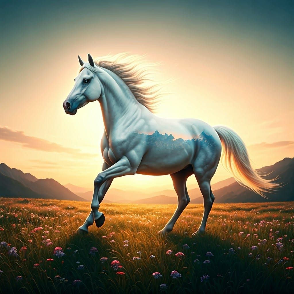 White Horse Double Exposure: Meadow and Mountains