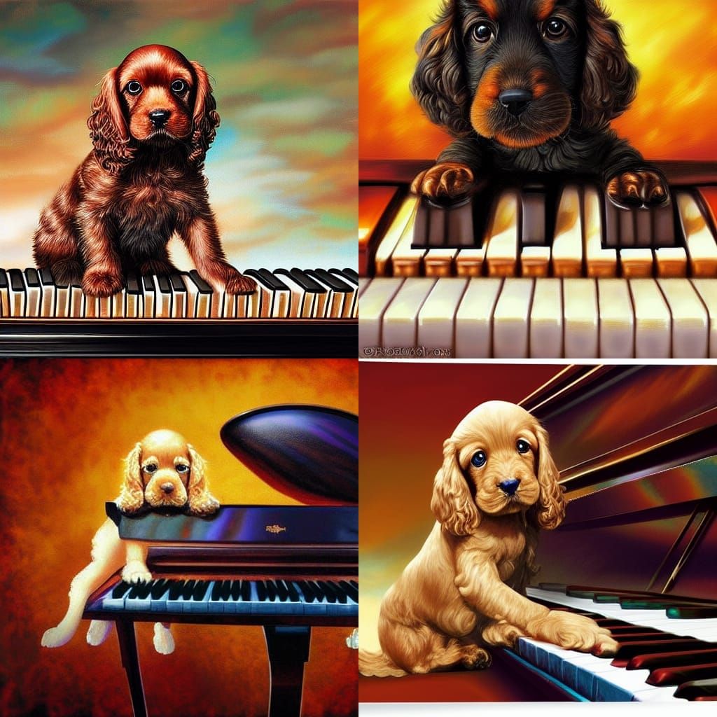 Cocker Spaniel Puppy Plays Piano in Detailed Filmic Art
