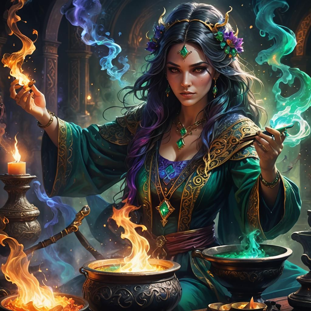 Beautiful Sorceress Casting Spell with Musical Smoke