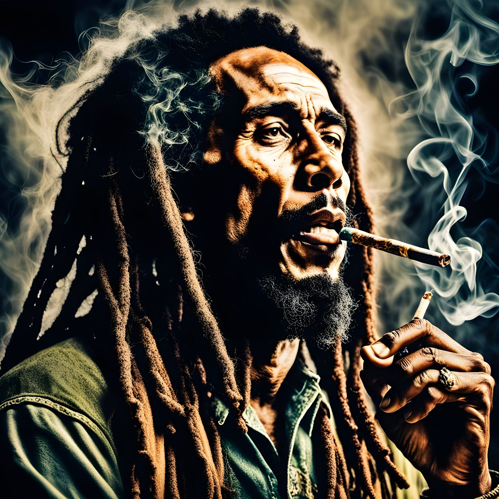 Hyperrealistic Portrait of Bob Marley Smoking
