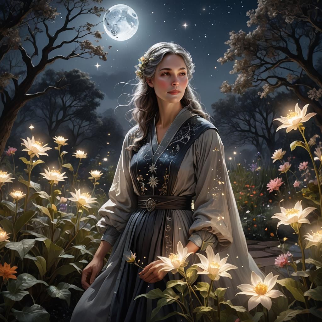 Moonlight Gardener Nurturing Stars: Hyperrealistic Concept A...