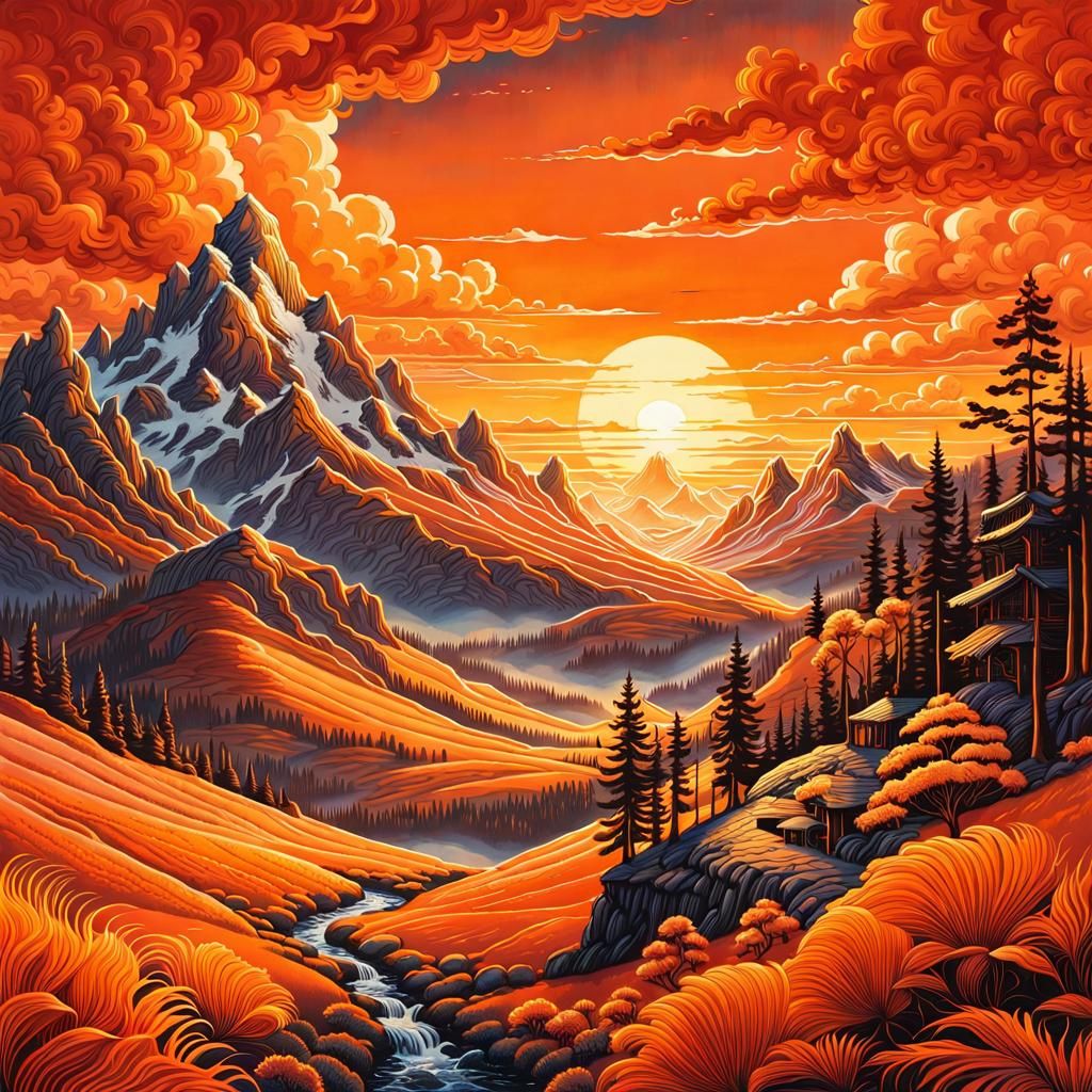 Fantasy Sunrise Landscape in Watercolor Style