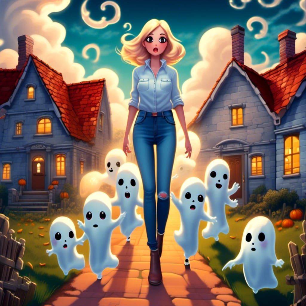 Chibi Ghosts Roaming a Spooky Village in Photorealistic Styl...