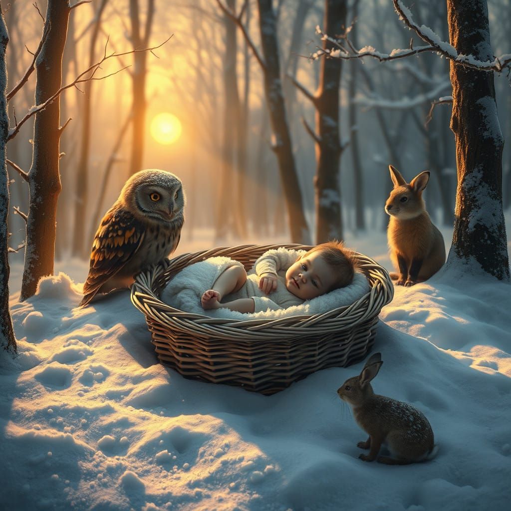 Mystical Winter Scene with Baby and Whimsical Creatures