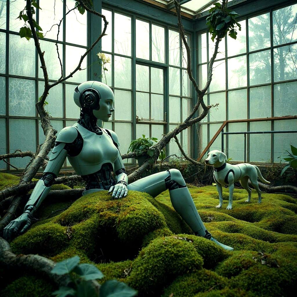 Android Resting in Overgrown Greenhouse: Painterly Realism