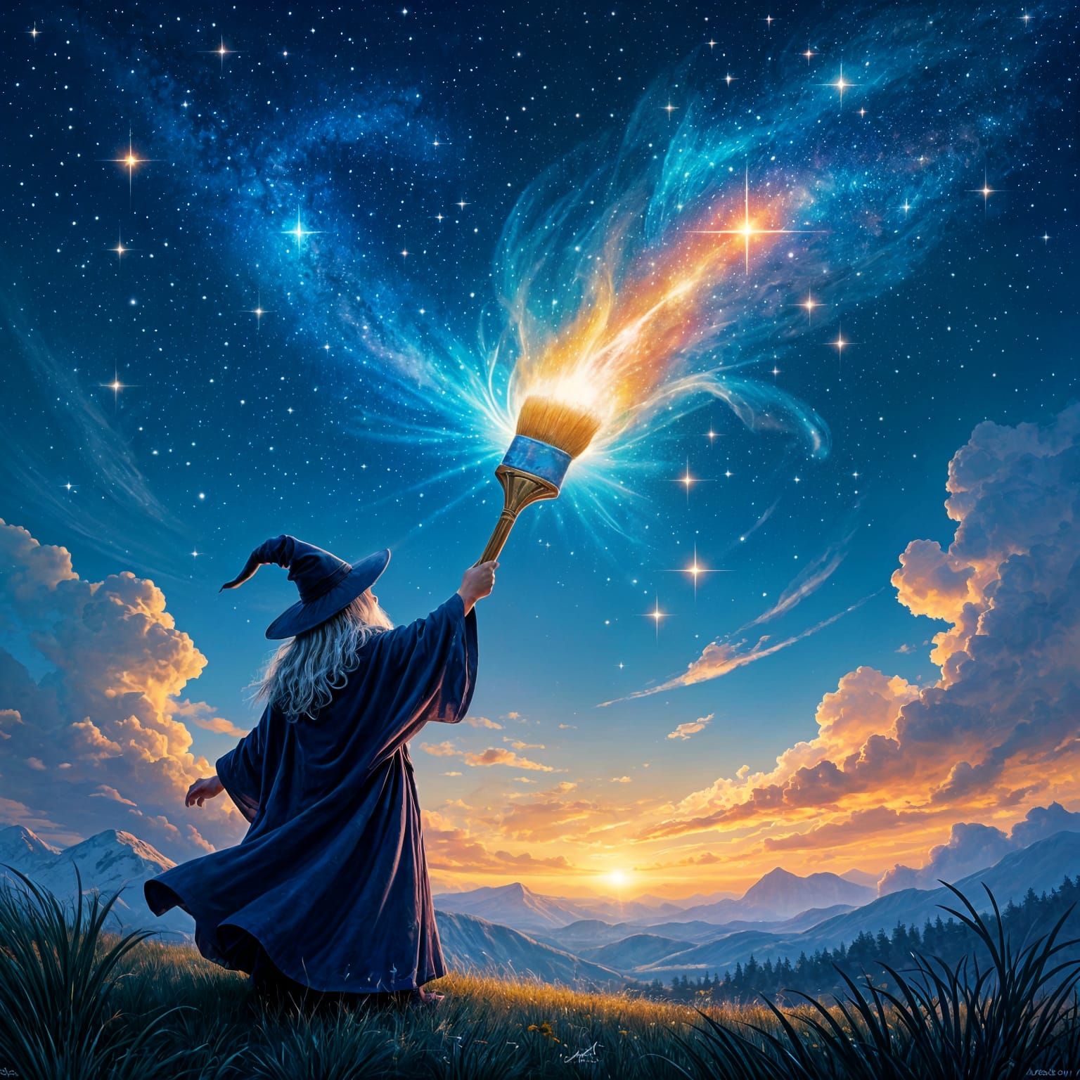 Wizard Paints Stars in Night Sky