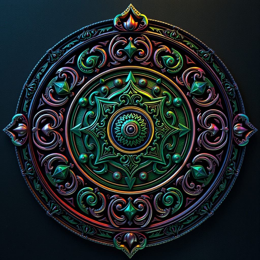 an iridescent Dayak shield design influenced by the artistic...