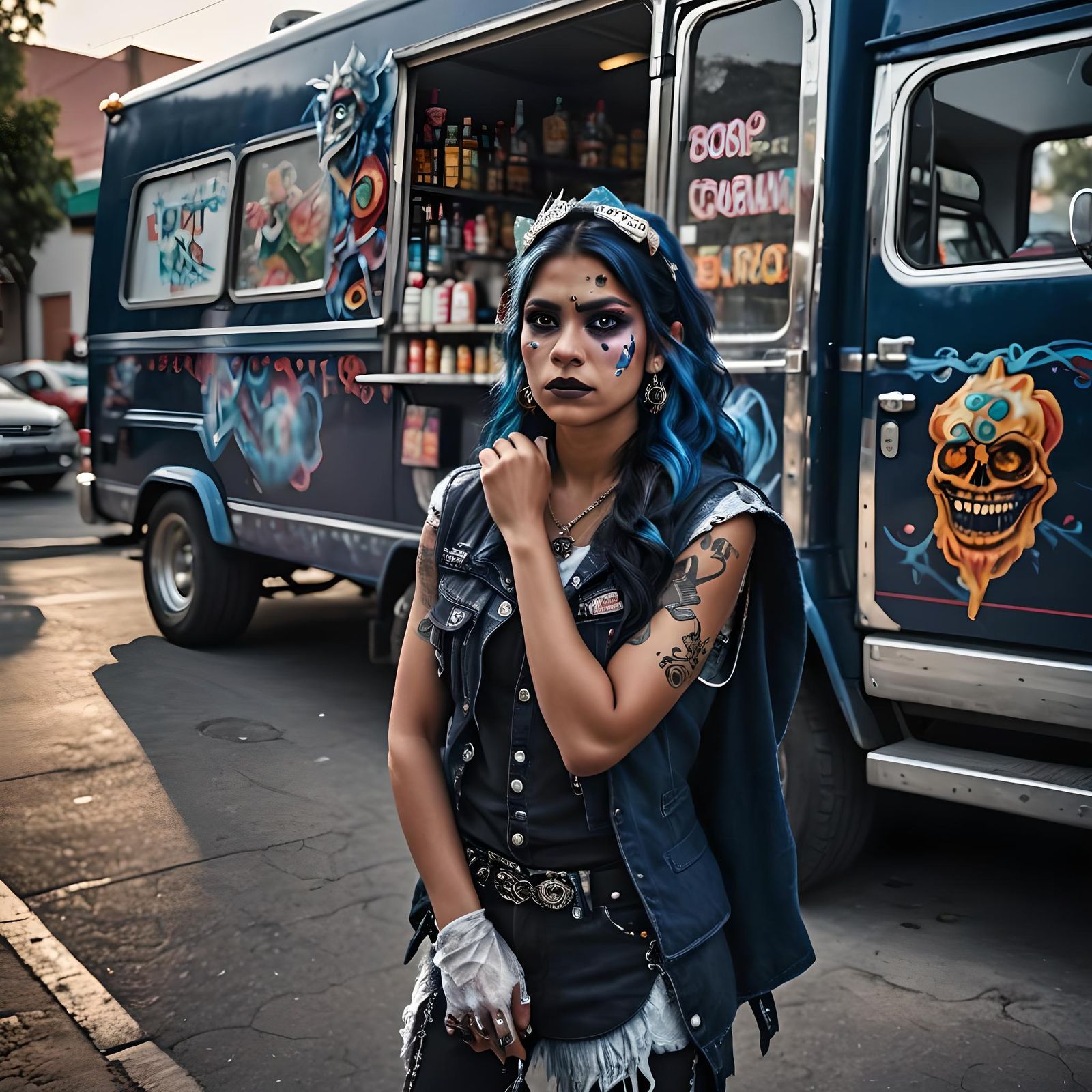 Confident Ice Demon Vendor in Edgy Rocker Style